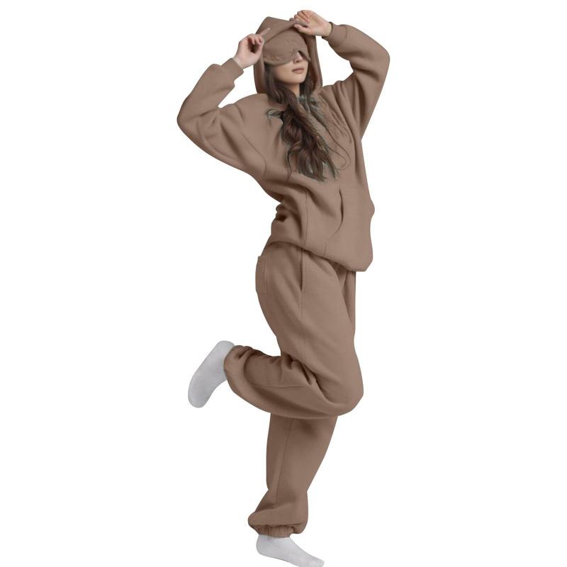 Women's Solid Color 2-Piece Hoodie Set: Loose Long Sleeve Pullover & Jogger Pants,  Breathable Sportswear for Everyday Comfort fleece cotton comfortable pant Women's Hooded Tracksuit Set two-piece set  Women's Fall Two-Piece Workout Set Sweatsuit