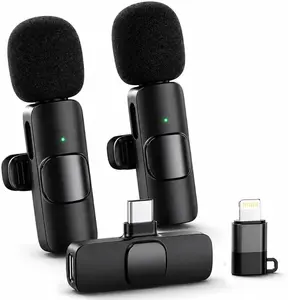 Wireless Lavalier Microphone for iPhone & Android, 2 Pack Mini Wireless Mic, Plug & Play Clip On Microphone for Video Recording, Interview, Vlog with Adapter