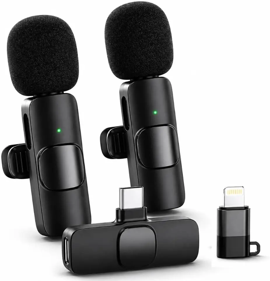 2-Pack Compact Wireless Lavalier Microphones with Lightning Receiver & Adapter, Plug-and-Play Clip-On Mics for iPhone & Android Smartphones, Noise-Reducing Audio for Video Recording & Interviews