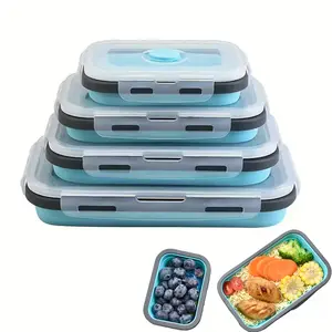 Foldable Silicone Leakproof Lunch Box, Microwave Oven-Compatible Plastic Food Storage, Square Portable Stackable and Collapsible Meal Box for School & Office Use, Set
