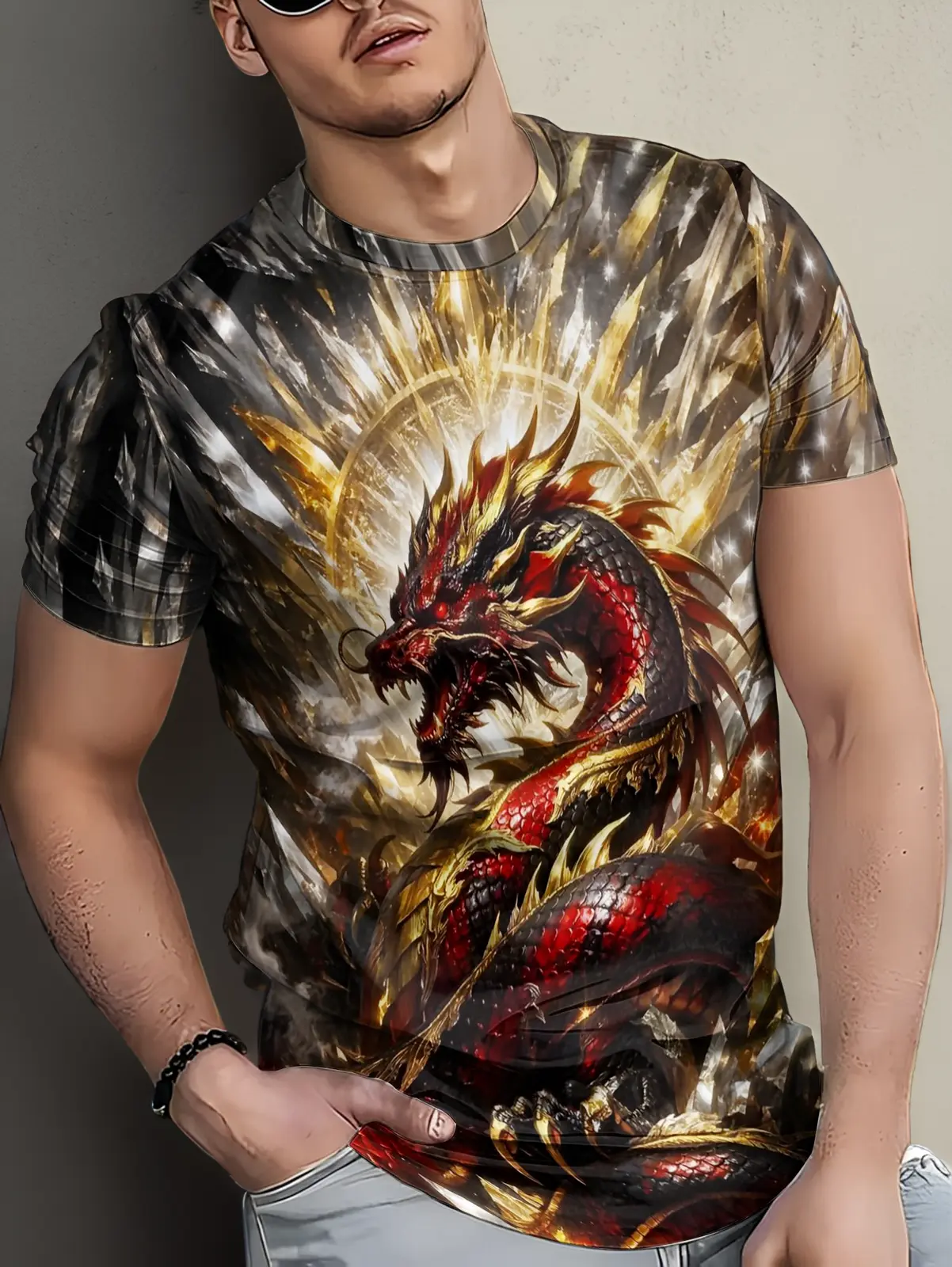 High Quality Men'S Vintage Dragon Print T-Shirt - 3D Full-Body Dragon Pattern, Wrinkle-Resistant Short-Sleeve Crew Neck Top, Casual Summer Wear, Suitable for Theme Events And Everyday Wear, Machine Washable Dragon Art Leisure And Fashion