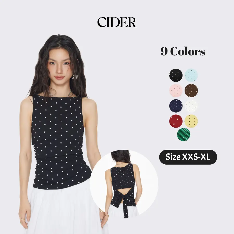 Cider Cotton-blend Boat Neck Knotted Polka Dot Ruched Tank Top Cider Cotton-blend Boat Neck Knotted Polka Dot Ruched Tank Top