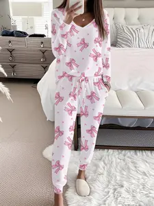 Women's Leopard Print Bow Heart Casual Set, Long Sleeve V Neck Top & Tie Waist Pants, Spring & Fall Home Wear Sleepwear Pajamas