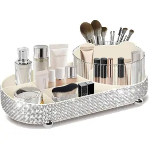 360 Rotate Bling Makeup Organizer for Vanity  Countertop Rhinestones Makeup Brush Holder Skincare Organizers Desk Storage Accessories