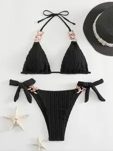 Women's Solid Color Ruched Bikini Set, Casual Fashion Tie Side Swimsuit Set, Ladies Swimwear for Beach Holiday Vacation, Drawstring Swimsuit Set, Bikini Outfits, Bikinis Set