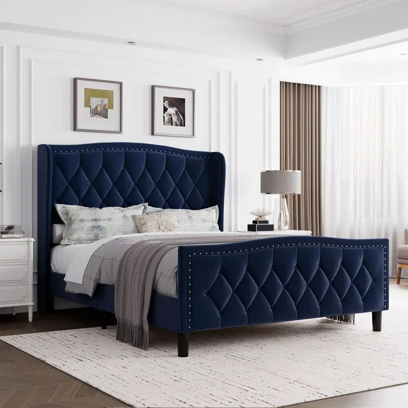 Full Size Bed Frame,Velvet Upholstered Full Size Platform Bed with Wingback Headboard,Wooden Slat Support,No Box Spring Needed,Easy Assembly,Navy Blue