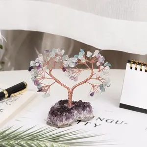 MollyGems Handmade Fluorite Love Heart Shape Wire Wrapped Crystals Tree with Amethyst Cluster Base Home Ornament