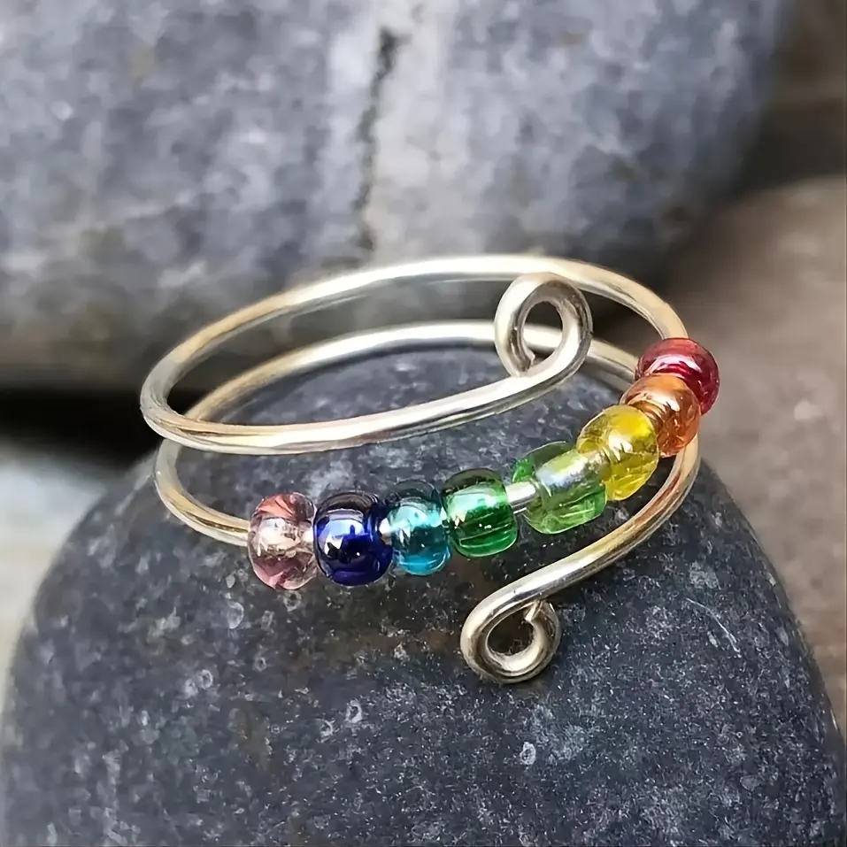 Vintage Colorful Bead Ring for Women, Stainless Steel Rotatable Fidget Spinner, Adjustable Open Single Ring for Casual Daily Decompression, Vintage Fashion, Adjustable Size, Female Wear, Rainbow Beads