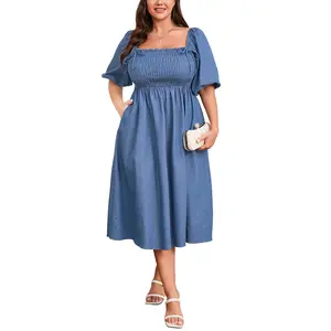 EYWOL Plus Size Babydoll Women Denim Dress Short Puff Sleeve Jean Mini Dress with Pockets Reversible Two-Way Style
