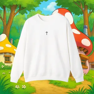 One Divine Crewneck - Casual White Sweatshirt with Embordered Cross Design for Seasonal Warmth 100% All-Natural Cotton Breathable Yet Warm