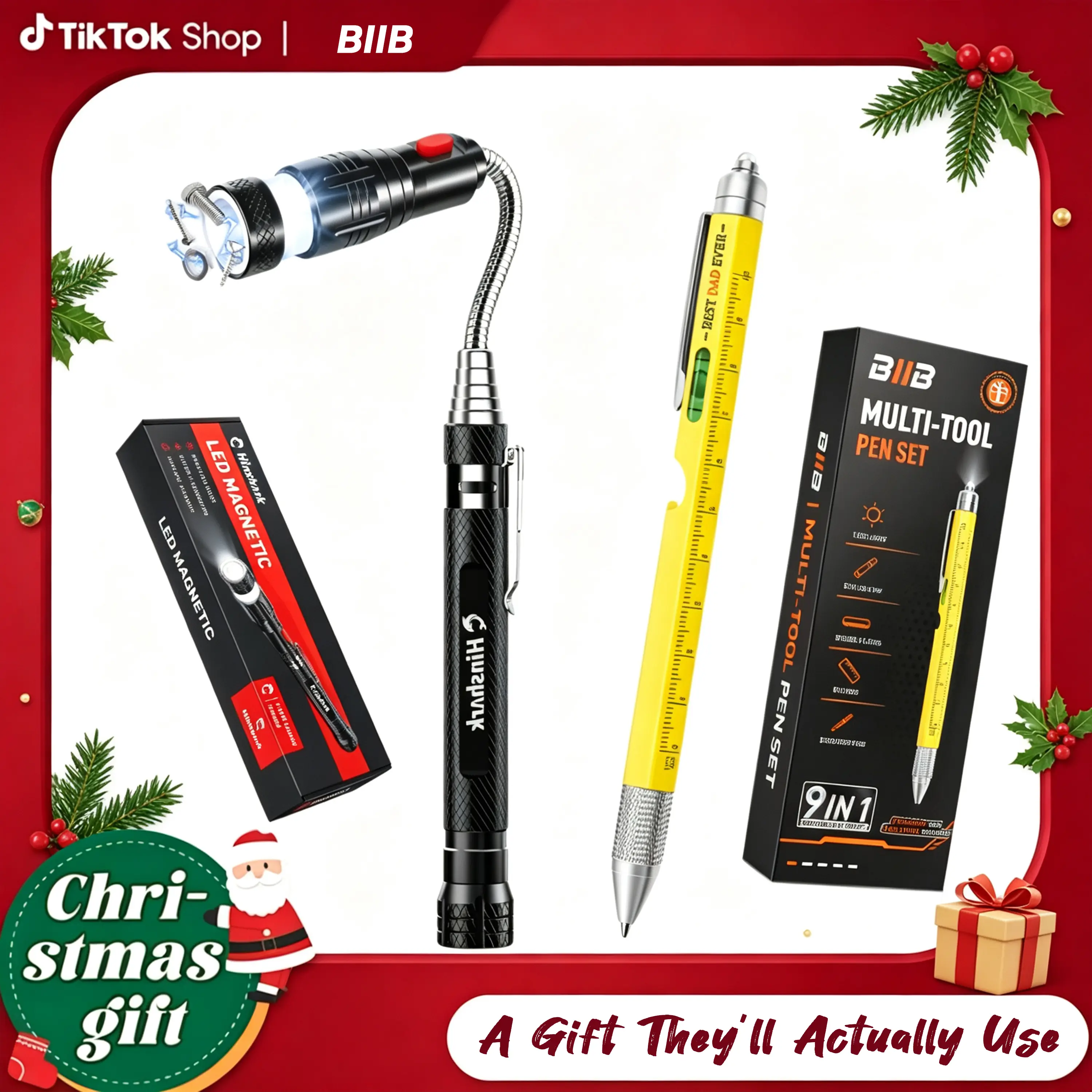 BIIB Stocking Stuffers for Men, 9-in-1 Multitool Pen & LED Telescoping Magnetic Pickup Tool, Christmas Gifts for Dad, Husband, Him, Cool Gadgets for Men