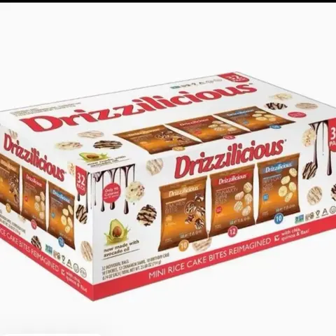 Drizzilicious Variety Pack 0.74 oz 32 pk Made with Avocado Oil Low Calorie Snacks Food S'Mores, Cinnamon Swirl, and Birthday Cake