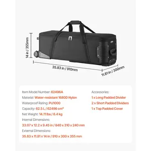 VEVOR Studio Equipment Trolley Case, 35.83x 11.81x 14 in/ 91x 30x 35.5 cm, Rolling Camera Bag, Carrying Bag with Wheels Straps Padded Compartment Handle, for Light Stands, Tripods, Telescopes