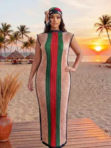 Women's Striped Print Set Elegant Silk Geometric Pattern Long Dress Robe Hoodie Scarf + Long Silk Shawl Beach Sun Protection Satin Scarf Beachwear Beach Outdoor Wear