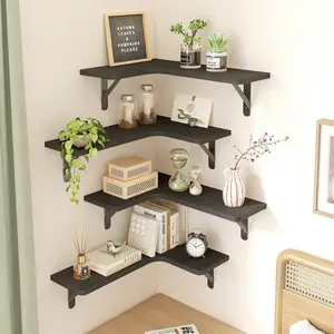 Set of 4 Corner Shelves for Storage, Black Rustic Wood Hanging Shelves for Display, Easy Install for Bathroom Kitchen Bedroom Living Room, Floating Corner Shelf