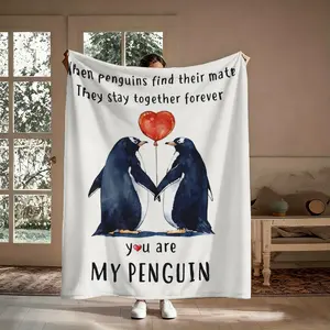My Penguin Forever Flannel Throw Blanket, When Penguins Find Their Mate Stay Together Watercolor Heart Pattern Soft Cozy Warm Nap Blanket for Couch Bedroom, Romantic Gift for Boyfriend Girlfriend, Anniversary Valentine's Day Birthday Christmas Present
