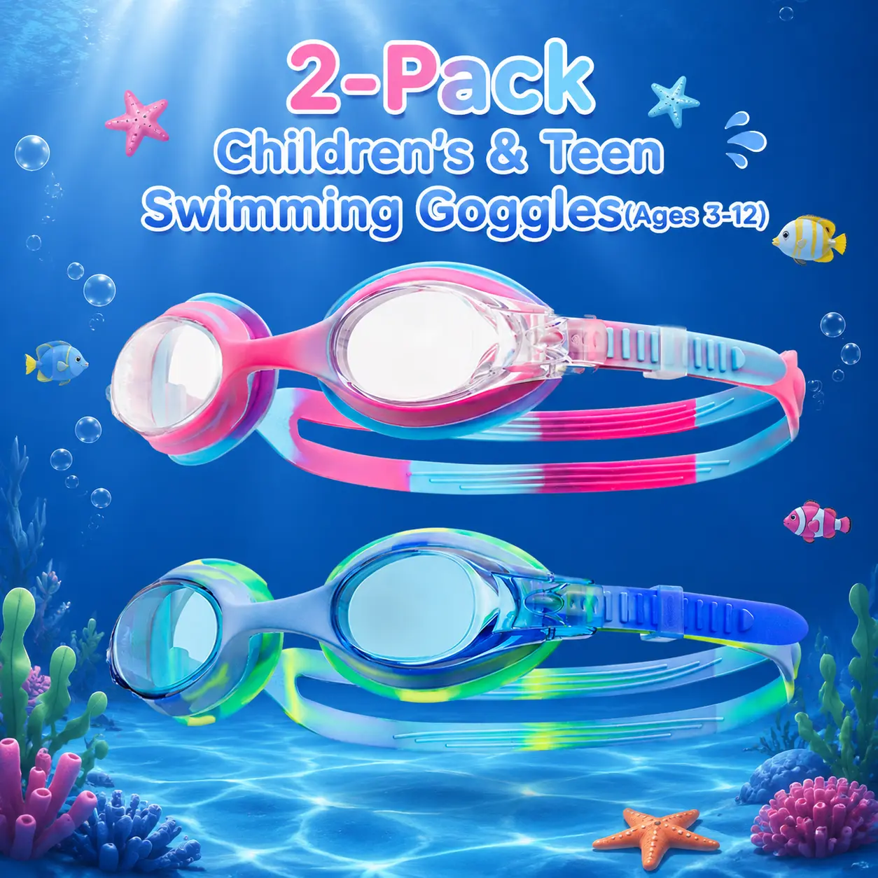 Kids Swim Goggles 2-Pack,   Ages 3-12 ,Anti-Fog, UV Protection, No Leaks, Clear Vision, 1-Piece Design,   Unisex, Pool & Outdoor Training Water Sports Essentials  