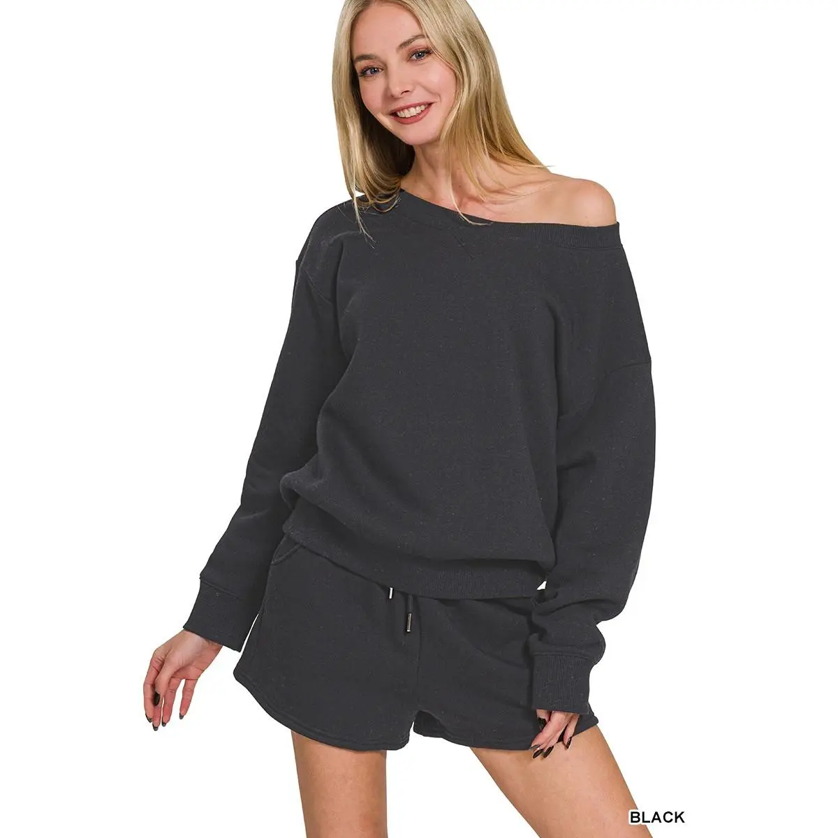 Zenana Fleece Boat Neck Sweatshirt and Shorts Set