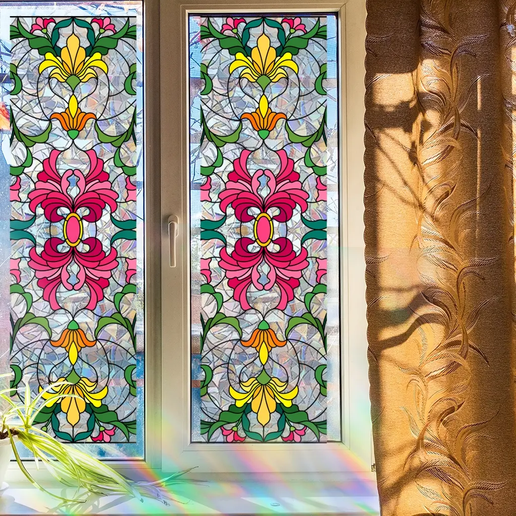 1 roll window privacy static sticker, Central European wind red flower glare static sticker waterproof light capture, suitable for decorative glass, sunlight catcher, Decorative Stickers
