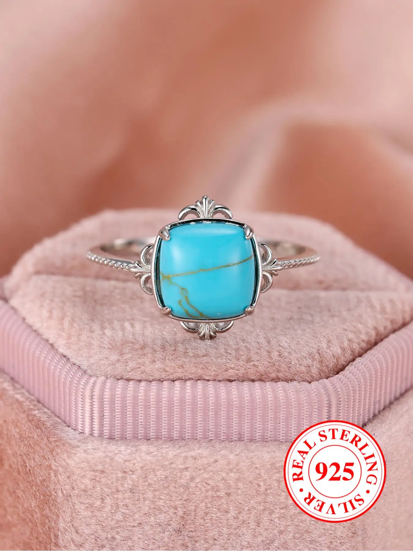 S925 Sterling Silver Vintage Style Turquoise Decorated Ring, Fashion Jewelry for Party, Daily Decor, Trendy All-match & Exquisite Jewelry for Birthday