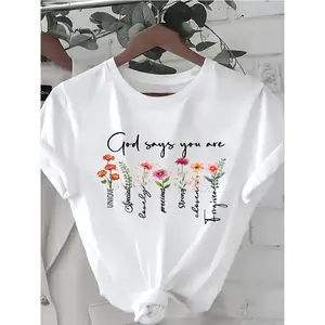God Says You Are a Christian Floral Print Round Neck T-Shirt, a Casual Short-Sleeve Top for Spring And Summer, Women'S Wear
