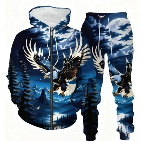 Men's Fitted Long Sleeve Polyester Stretchy Athletic Set with Bold Eagle Print, Zippered Casual Outerwear - Fashionable, Comfortable, Breathable, Machine Washable - Suitable for Sports, Travel (Spring-Autumn, Cold Wash, Cool Iron, Do Not Bleach), Leisure,