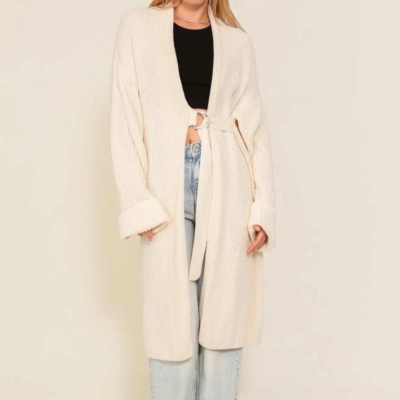 Belted long cardigan