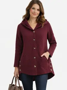 Rgothic Plus Size Argyle Pattern Hooded Single Breasted Pocket Midi Coat in Rich Wine Red for plus size women  - Fashionable Polyester Wide-waisted Long Coat for Fall & Winter new solid-color