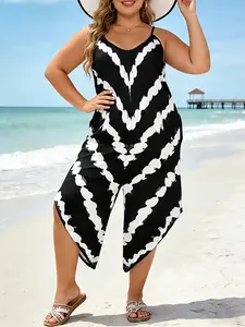 V Neck Tie-Dye Plus Size Jumpsuit, Boho Summer Vacation Trendy, Irregular High Waist Pants with Pockets, Beach Holiday Essential