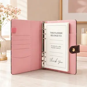 Aesthetic A5 PU Leather 6-Ring Binder Planner Refillable Undated Journal Notebook with 160 Grid Pages for Daily To Do List Cute Pink Desk Accessories Office Organization Student Bullet Journaling Gifts