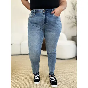 Judy Blue Full Size Mid Rise Rigid Magic Release Hem Jeans - Basic Style Stretchy Spandex Fabric Women's Bottoms Chic Casual Wear