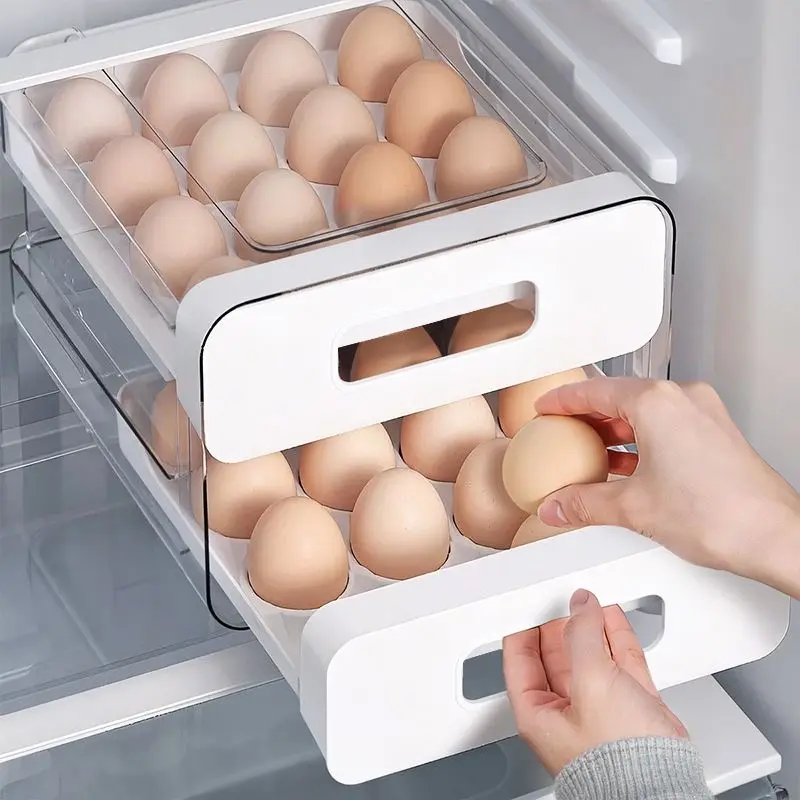 2-Tier Clear Stackable Egg Storage Box with Drawer & Handles, 32-Egg Refrigerator Dispenser for Fridge & Countertop Home Organizer