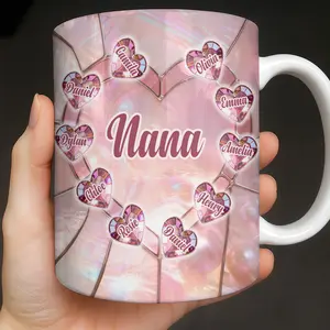 Nana Heart Stained Glass Mug Custom Name Gift, (Leave Note at Checkout), 2D Printed 3D Effect Coffee Cup, Floral Heart Theme Mug, Personalized Grandma Gift Idea, Family Keepsake Mug, 11oz Ceramic Mug