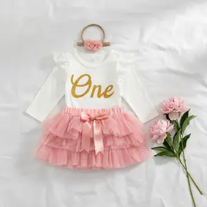 Baby Girl Summer Outfit Letter Embroidery Short Sleeves Romper and Tulle Skirt Bow Headband 3 Pcs Set Infant Girl Long Sleeve Romper + Skirt + Hairband, Letter Print Lace Mesh Patchwork