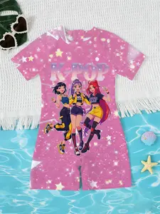 Girls' One-Piece Swimsuit, Starlight Dynamic K-Pop Girl Group Print, Beach Pool Quick-Dry Sun Protection Short Sleeve Swimwear