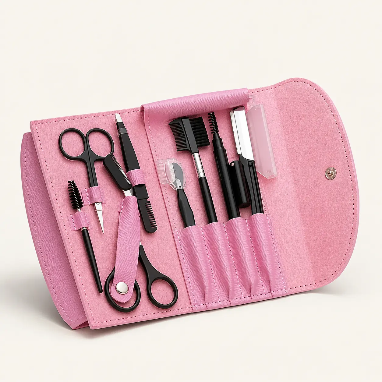 8PCS Professional Cosmetic Eyebrow Grooming Kit - Compact Brow Shaping Set with Stainless Steel Tweezers, Smooth Razor, Scissors, Brush, Black Tools, Precision Safe Design, Portable Pink Storage Pouch, Ideal Gift for Daily Facial Hair Care