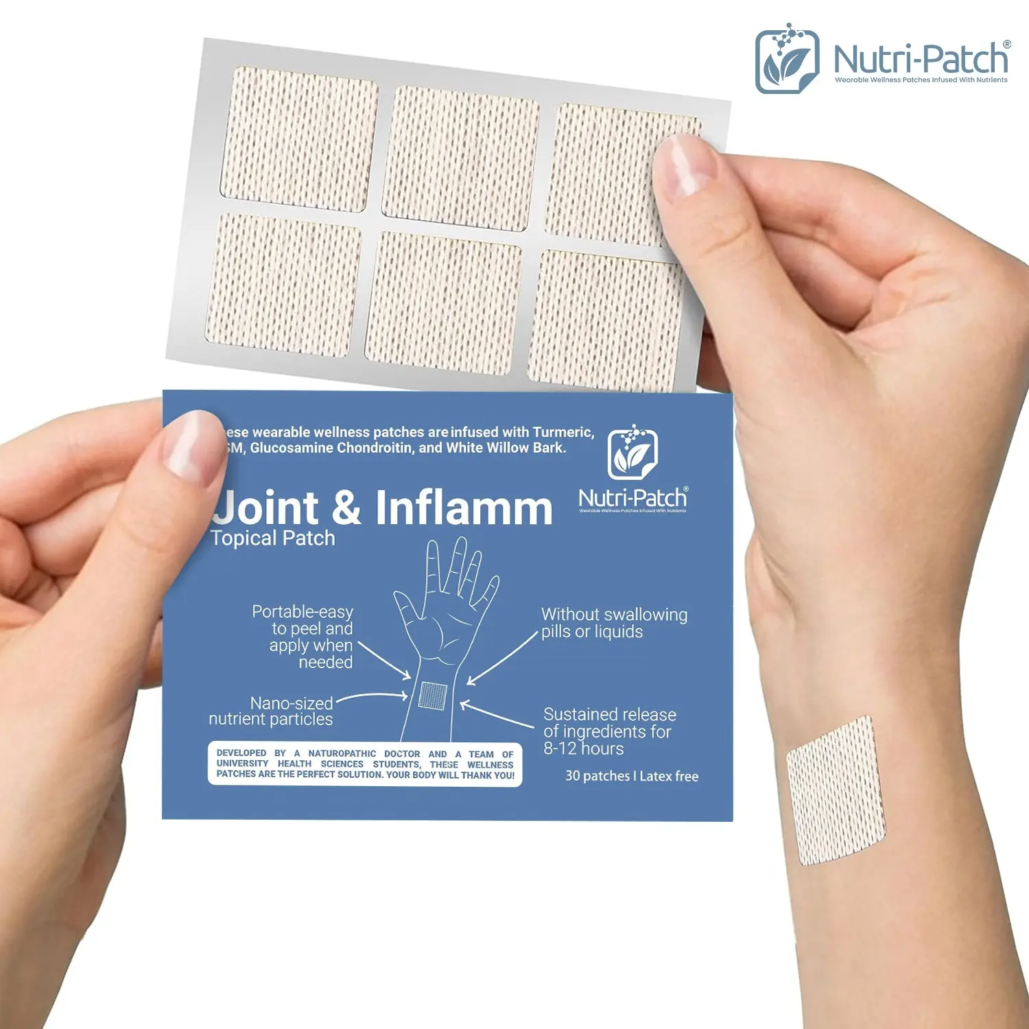 NUTRI-PATCH Joint & Inflamm Nourishing Topical Patches – with MSM, Vitamins C, Glucosamine, Chondroitin, and White Willow Bark (30 Ct)