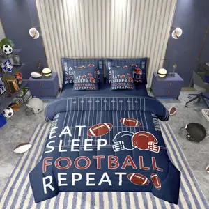 Rugby Bed Sets in a Bag,7 Pieces,Football Field Kids Comforter Set,Ball Sports Games Navy Blue Bedding Set