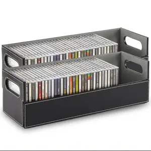 Stock Your Home 2- Pack CD Storage Box, Organizer Shelf for Movie Cases, DVDs, Cassette Tape Display Stand, Disc Holder Can Store Up to 40 CDs, Faux Leather (Black with Gray Interior)