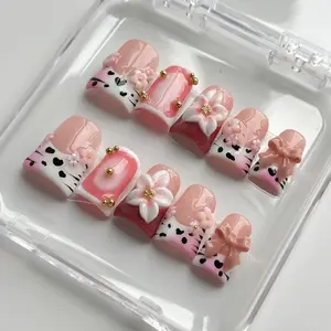 Y2K Pink White French Press On Nails, Handmade Floral Short Duckbill Fake Nails, Stylish Acrylic Nails, Pink Bow Design, Pink And White Small Flower Decoration, Rhinestone Embellishment Nail Art, Suitable For Daily, Work, And Holiday Wear (M)