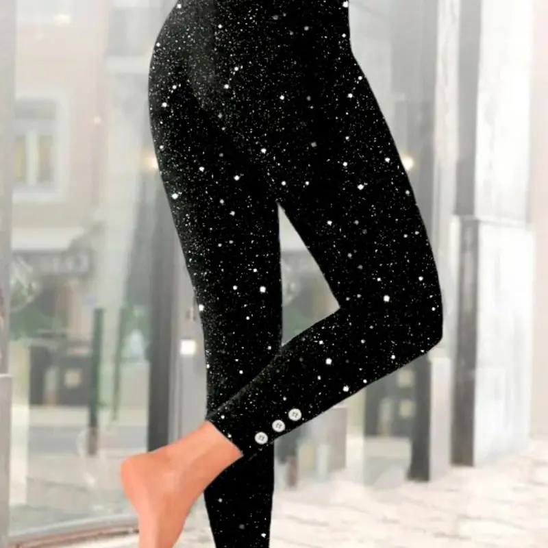 Plus Size Women's Casual Starry Sky Shiny Fashion Pants, Stretch Leggings Polyester, All Seasons Wearable, Stylish European and American Design, Chic Casual Leggings