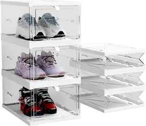 BomSaluka Shoe Organizer for Closet - Size 13 Clear Acrylic Stackable Shoe Boxes, Foldable Shoe Storage Containers Shoe Storage Bins, 3 Pack Silicone Transparent