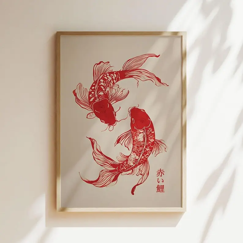 Red Koi Fish Japanese Art Print, Minimalist Zen Decor