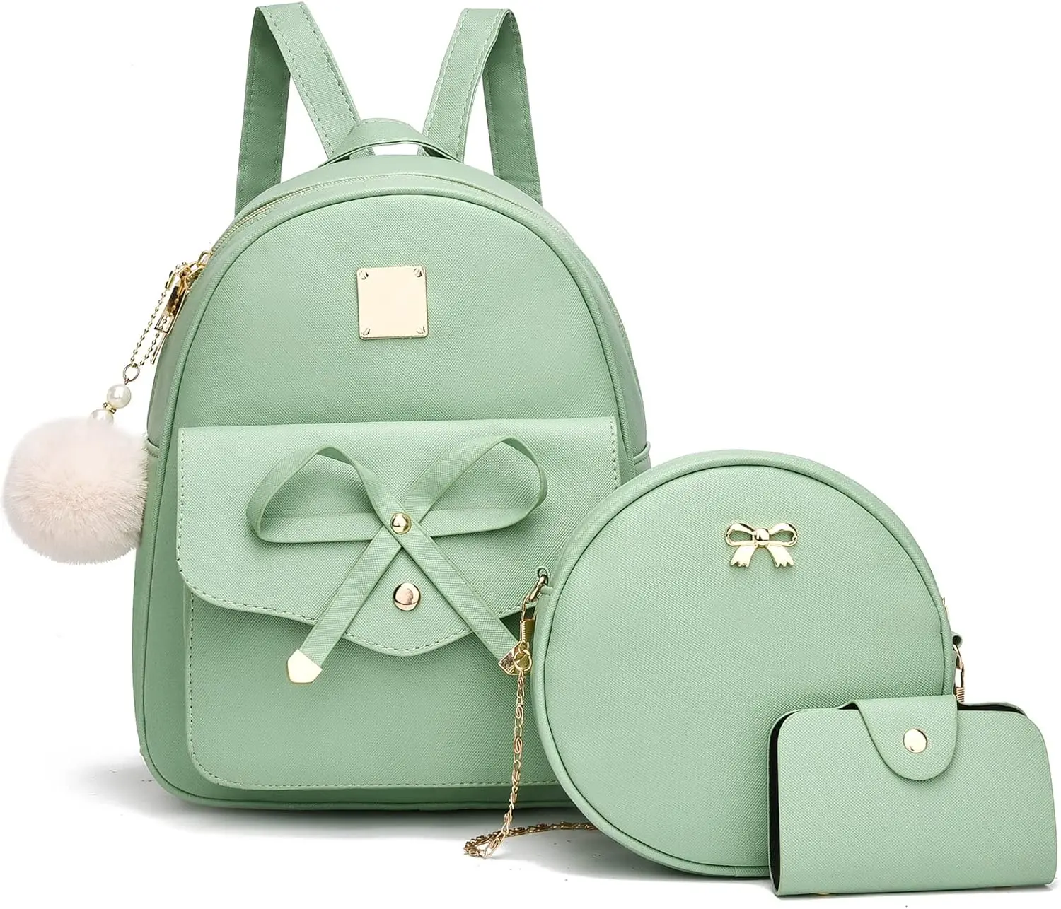 Grls Bowknot 3-Peces Fahson Leather Backpack Backpack Purse for Women Rucksack for Lades  Bag