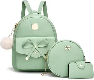 Grls Bowknot 3-Peces Fahson Leather Backpack Backpack Purse for Women Rucksack for Lades  Bag