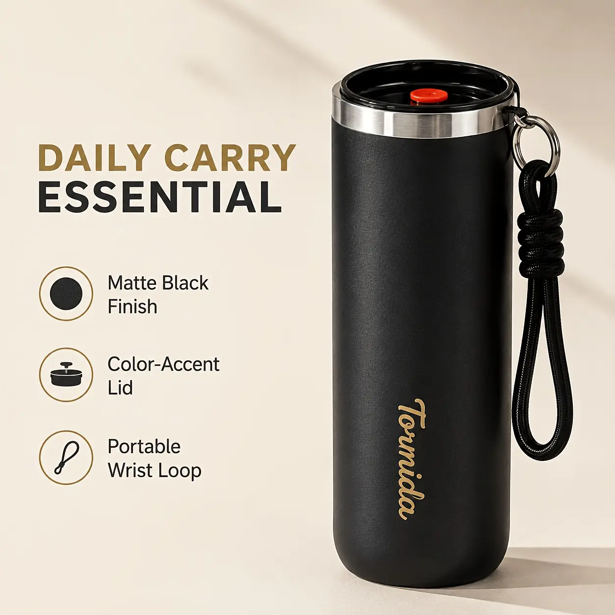 Signature Logo Slim Insulated Travel Tumbler, 304 Stainless Steel Inner Wall with 2-Way Drinking Lid, Metal Carry Ring, Wrist Loop & Matte Finish, Premium Cup for Car, Office, Gym, Commute & Travel