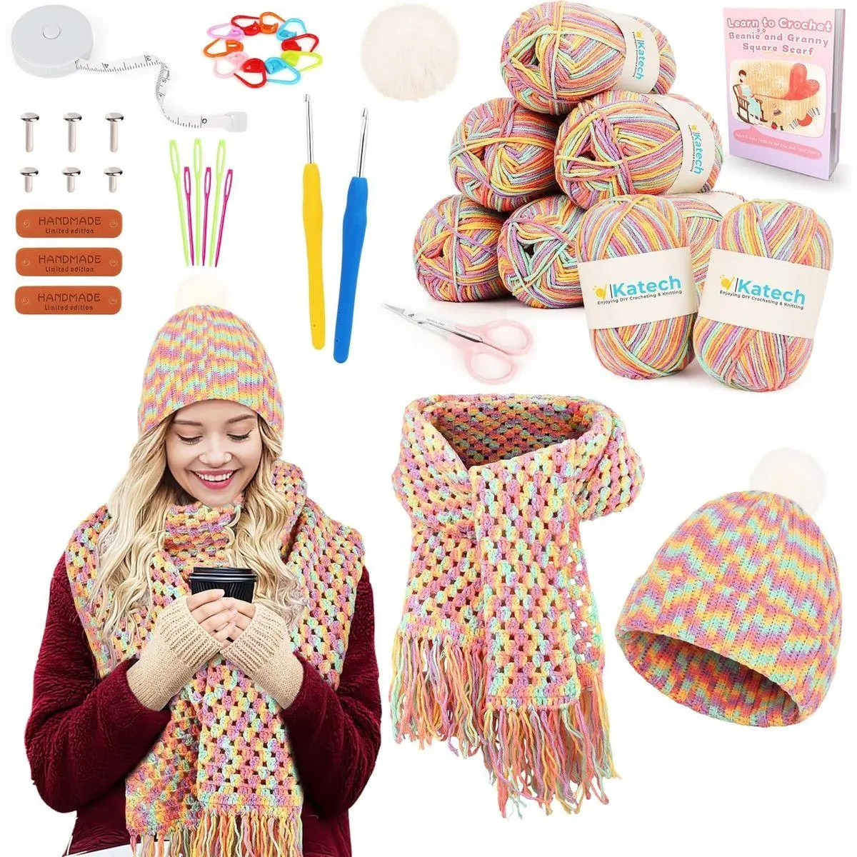 Crochet Kit for Beginners-Crochet Kit for Adults Learn to Crochet Granny Square Scarf Beanie Hat, Complete Set for Crocheting Scarf w/Step-by-Step Instructions 6 Blend Yarn-Macaron