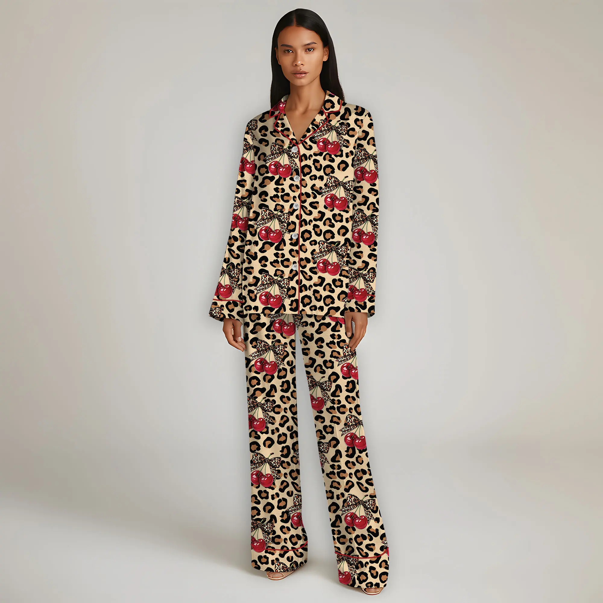 Leopard Satin Pajamas Set, Womens Satin Pajamas, Animal Print Pyjamas Set, Silk Leopard Tropical Pattern Loungewear, Women Matching Pajamas
