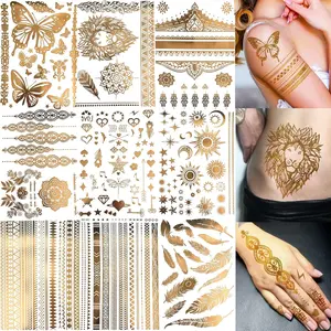 BAGHPBM 9 Sheets 110+ Designs Flash Gold Temporary Tattoos Metallic For Women Adult, Girl Golden Lion Festival Sun Moon Star Butterfly Glitter Tattoo Sticker, Fake Tattoos That Look Real and Last Long Sensitive temporary tattoos fake tattoos