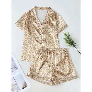 2-Piece Women's Satin Pajama Set with Leopard Print, Stylish Contrast Color Trim, Comfortable Champagne Color Sleepwear for Relaxation Loungewear Womenswear